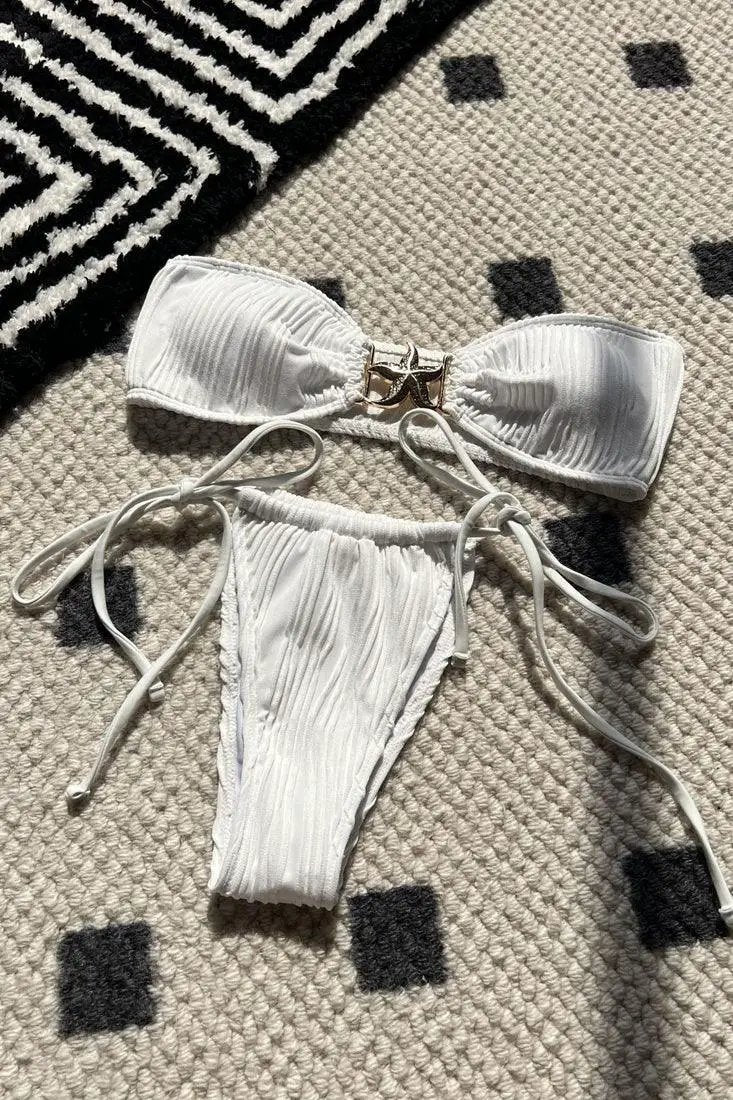 White Textured Gold Starfish Bandeau Drawstring Cheeky 2Pc Swimsuit