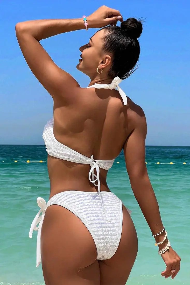 White Textured Heart Ring Halter Cheeky 2Pc Sexy Swimsuit Bikini