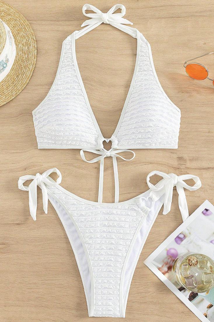 White Textured Heart Ring Halter Cheeky 2Pc Sexy Swimsuit Bikini - AMIClubwear