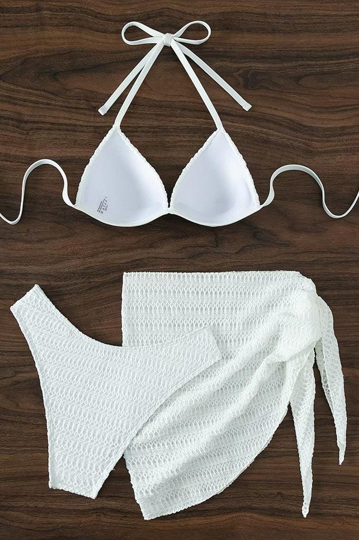 White Textured Push-Up Cup Cheeky Cover-Up 3Pc Swimsuit Set - AMIClubwear