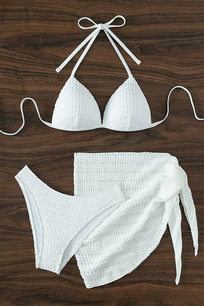 White Textured Push-Up Cup Cheeky Cover-Up 3Pc Swimsuit Set - AMIClubwear