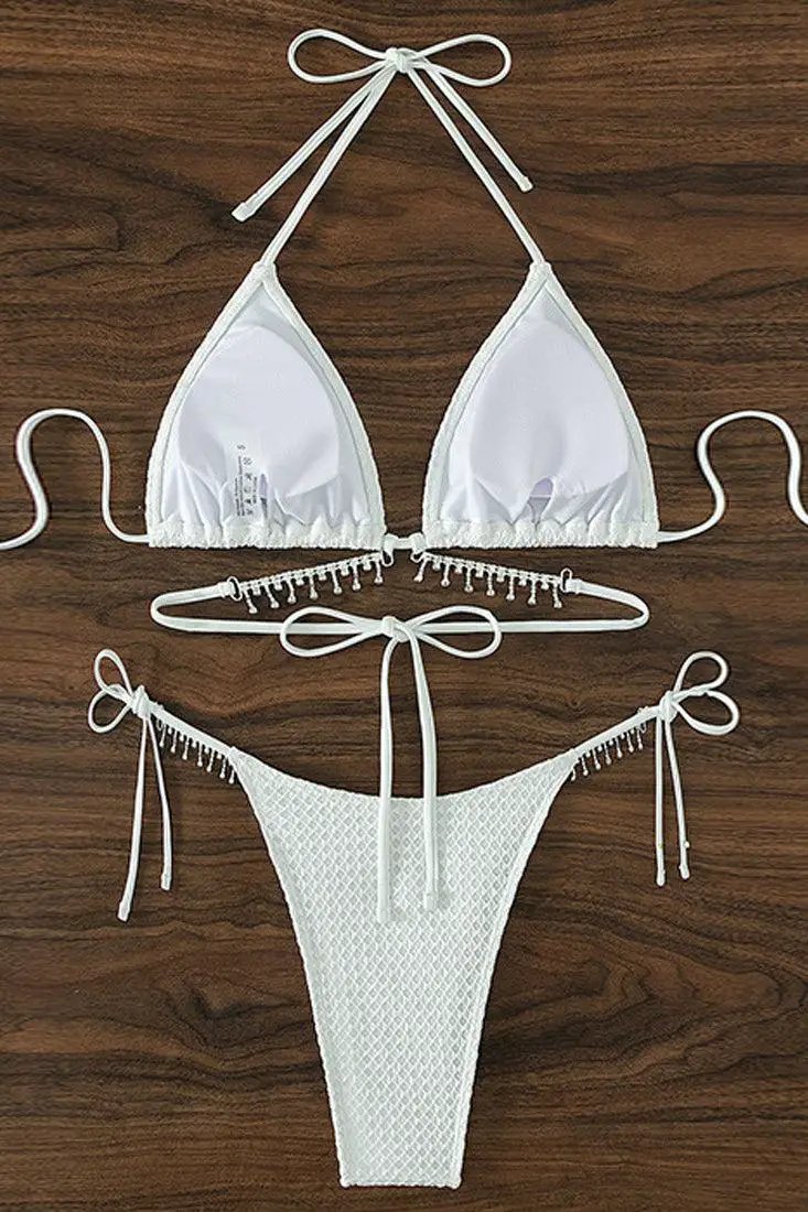 White Textured Rhinestone Bling Strap Two Piece Swimsuit Bikini