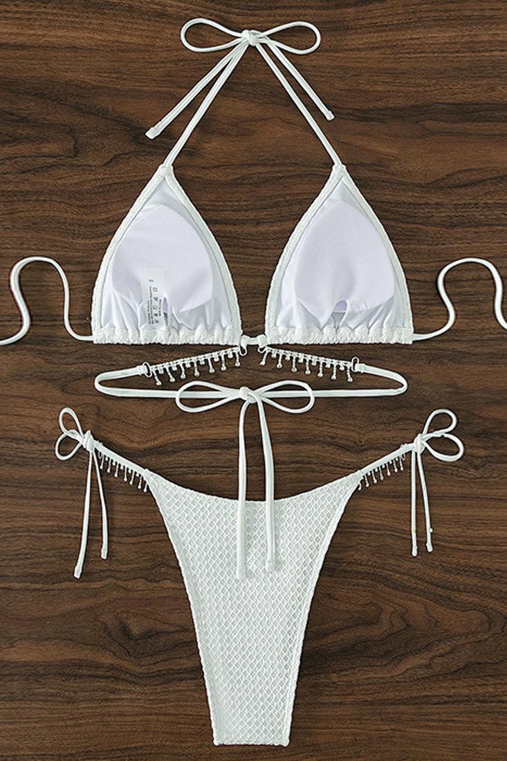 White Textured Rhinestone Bling Strap Two Piece Swimsuit Bikini - AMIClubwear