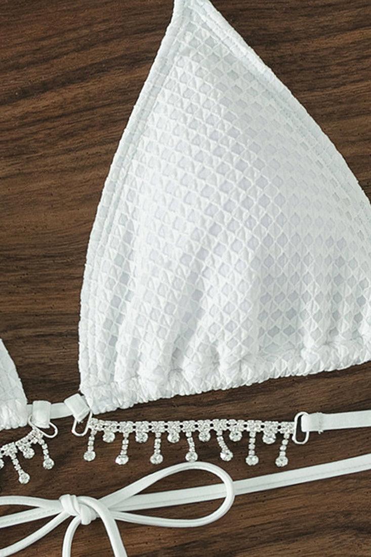 White Textured Rhinestone Bling Strap Two Piece Swimsuit Bikini - AMIClubwear