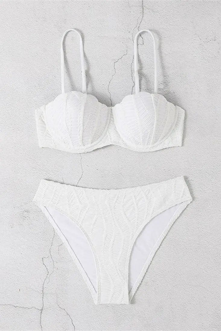 White Textured Sea Shell Push-Up Modest Cut 2Pc Swimsuit Set