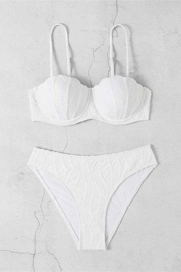 White Textured Sea Shell Push-Up Modest Cut 2Pc Swimsuit Set - AMIClubwear