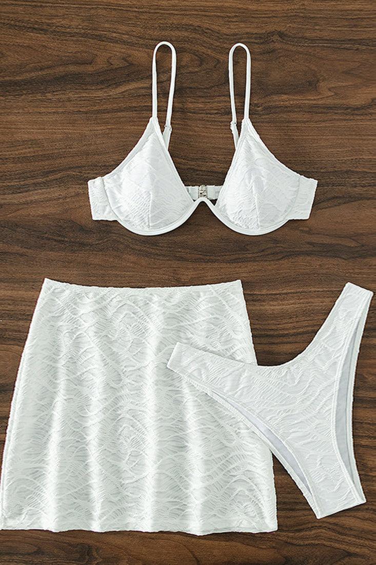 White Textured V-Wired Cheeky Cover-Up 3Pc Swimsuit Set - AMIClubwear