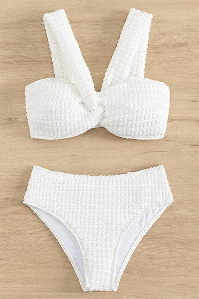 White Texured Puff Halter High Wait Cheeky 2Pc Swimsuit Set - AMIClubwear
