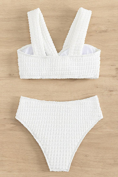 White Texured Puff Halter High Wait Cheeky 2Pc Swimsuit Set - AMIClubwear