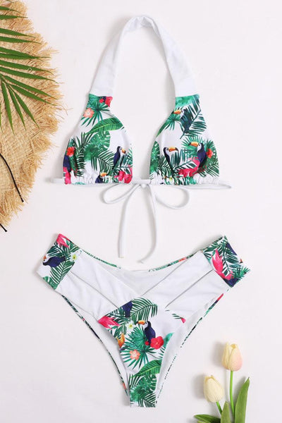 White Tropical Print Cheeky Halter 2 Pc Swimsuit Bikini - AMIClubwear
