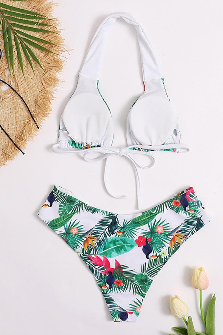 White Tropical Print Cheeky Halter 2 Pc Swimsuit Bikini - AMIClubwear