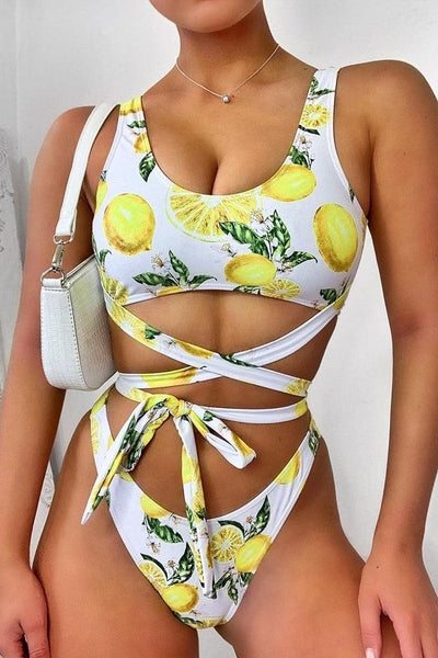 White Yellow Lemon Print Strappy Super Cheeky Sexy 2Pc Swimsuit Set Bikini - AMIClubwear