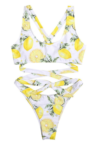 White Yellow Lemon Print Strappy Super Cheeky Sexy 2Pc Swimsuit Set Bikini - AMIClubwear