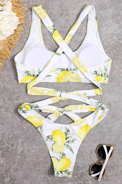 White Yellow Lemon Print Strappy Super Cheeky Sexy 2Pc Swimsuit Set Bikini - AMIClubwear