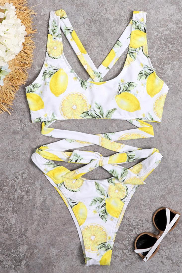 White Yellow Lemon Print Strappy Super Cheeky Sexy 2Pc Swimsuit Set Bikini - AMIClubwear