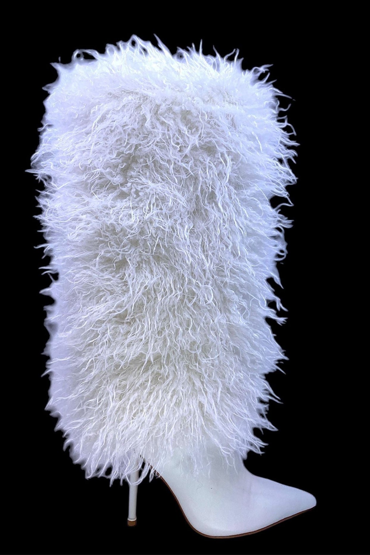 White Furry Knee High Sexy Eskimo Pointy Heel Fur Boots