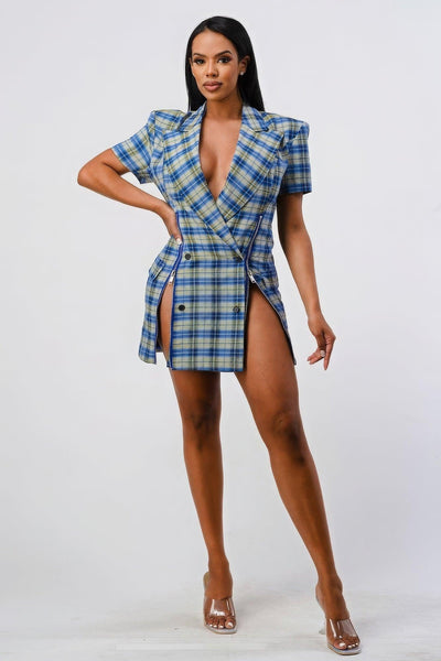 Wide Collared Double Breasted Plaid Blazer Mini Dress - AMIClubwear