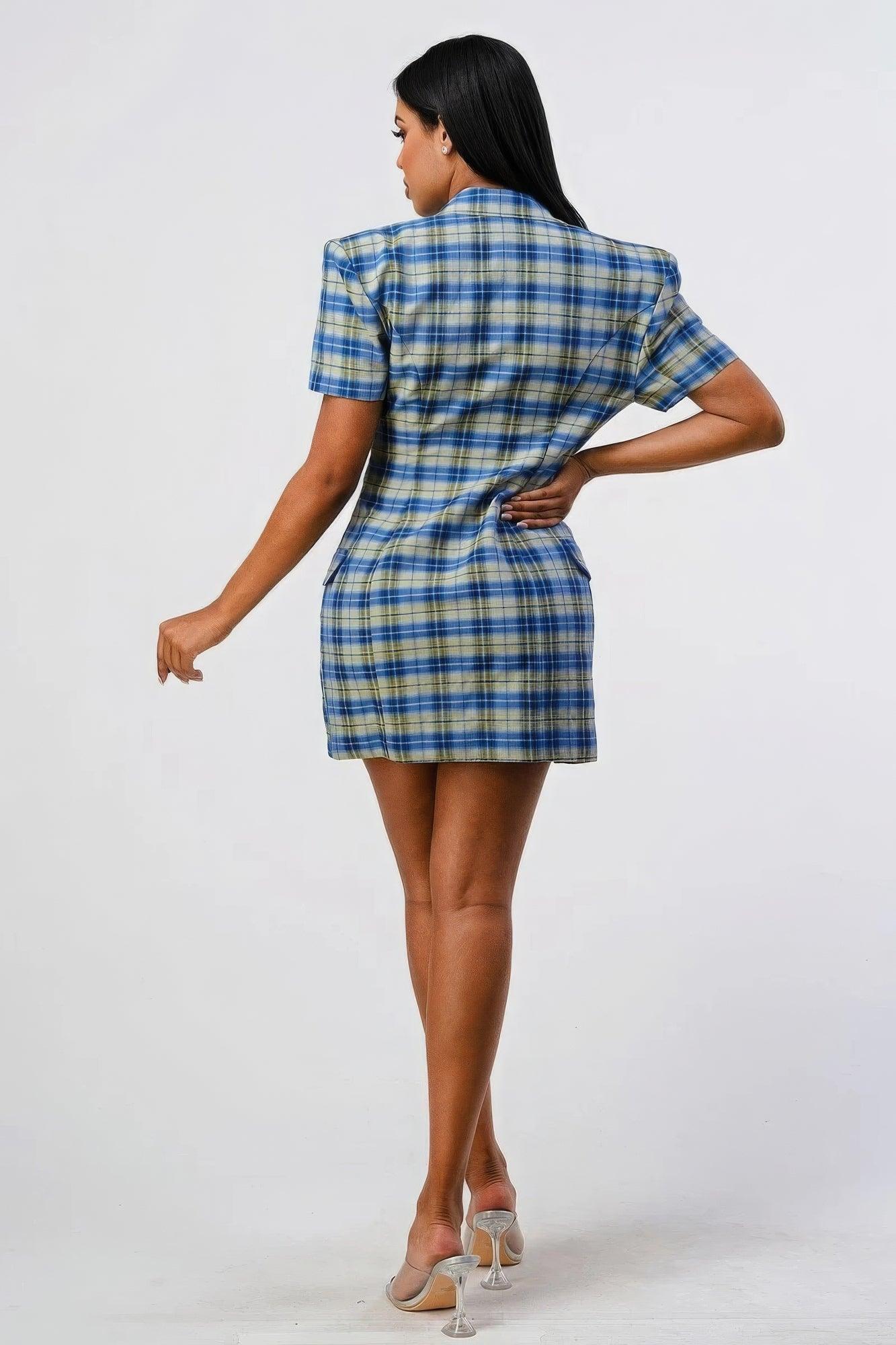 Wide Collared Double Breasted Plaid Blazer Mini Dress - AMIClubwear