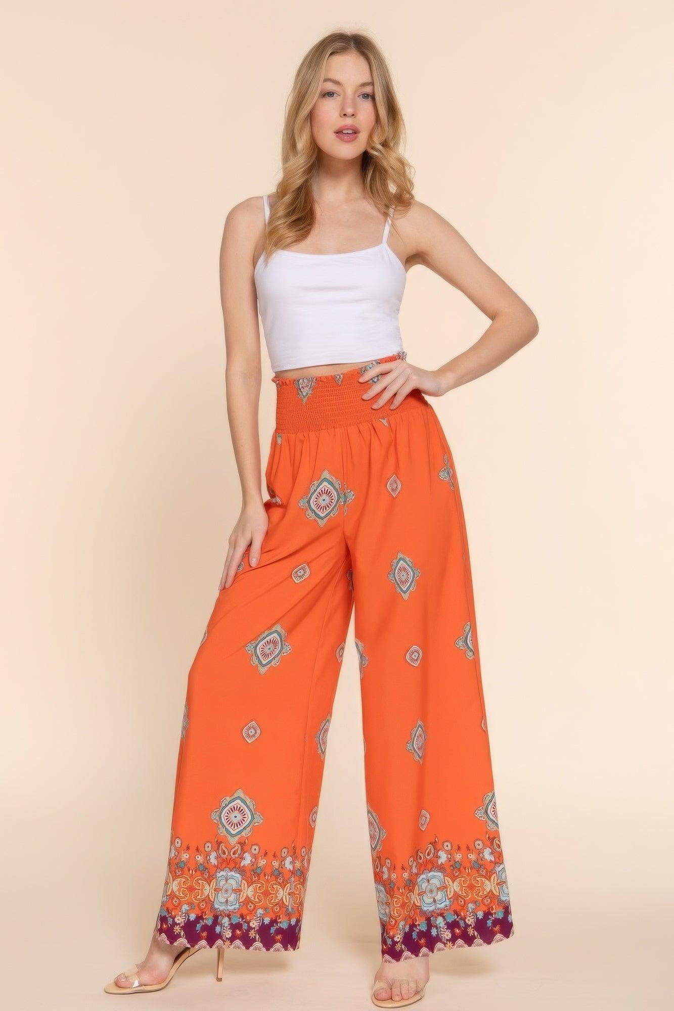 Wide Leg Border Print Woven Pants - AMIClubwear