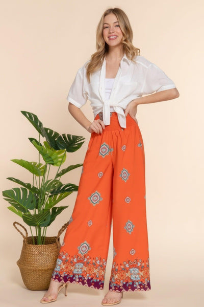 Wide Leg Border Print Woven Pants - AMIClubwear