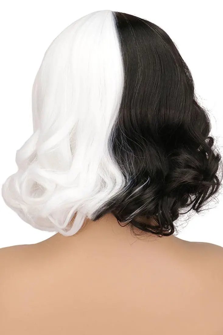 Black White Mid Length Wavy Two Tone Cruella Wig Costume Accessory