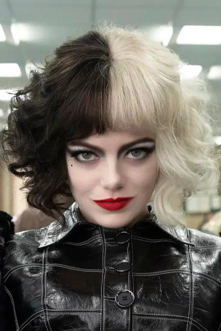 Black White Mid Length Wavy Two Tone Cruella Wig Costume Accessory