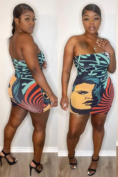 Wild Multi Colored Face Print Sexy Club Dress - AMIClubwear