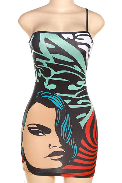 Wild Multi Colored Face Print Sexy Club Dress - AMIClubwear