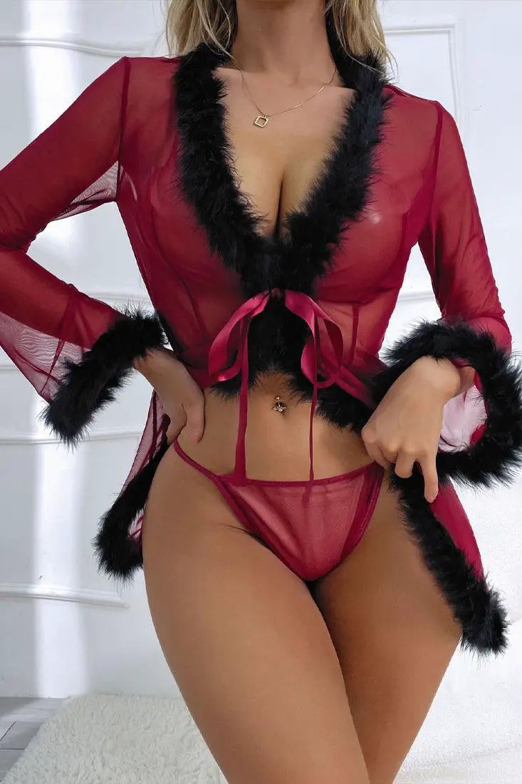 Wine Mesh Black Fur Trim Robe Thong 2Pc Lingerie Set