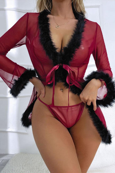 Wine Mesh Black Fur Trim Robe Thong 2Pc Lingerie Set - AMIClubwear