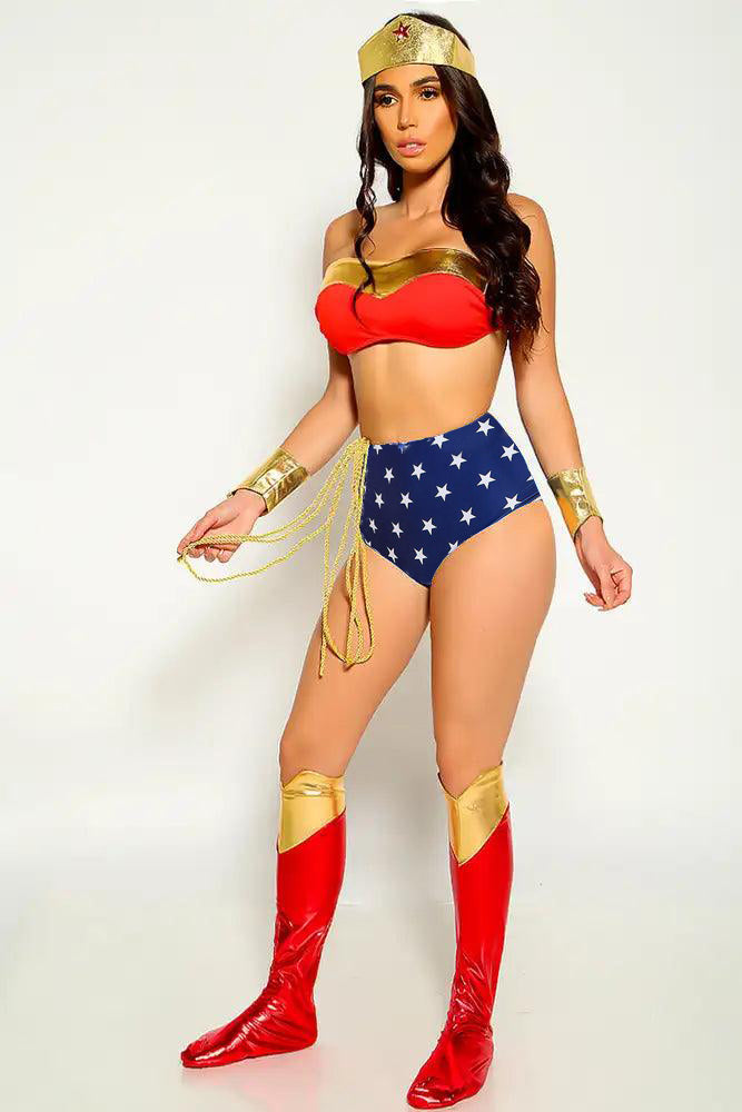 Red Gold Star Print Sexy 7 Piece Wonder Woman Costume