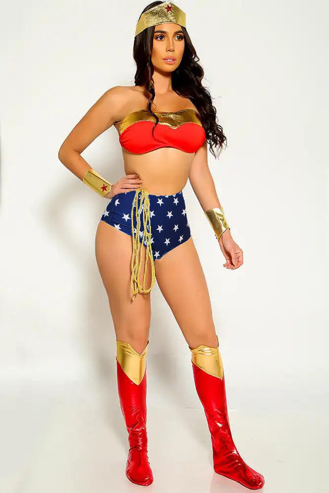 Red Gold Star Print Sexy 7 Piece Wonder Woman Costume L / Red Red Gold Star Print Sexy 7 Piece Wonder Woman Costume L / Red