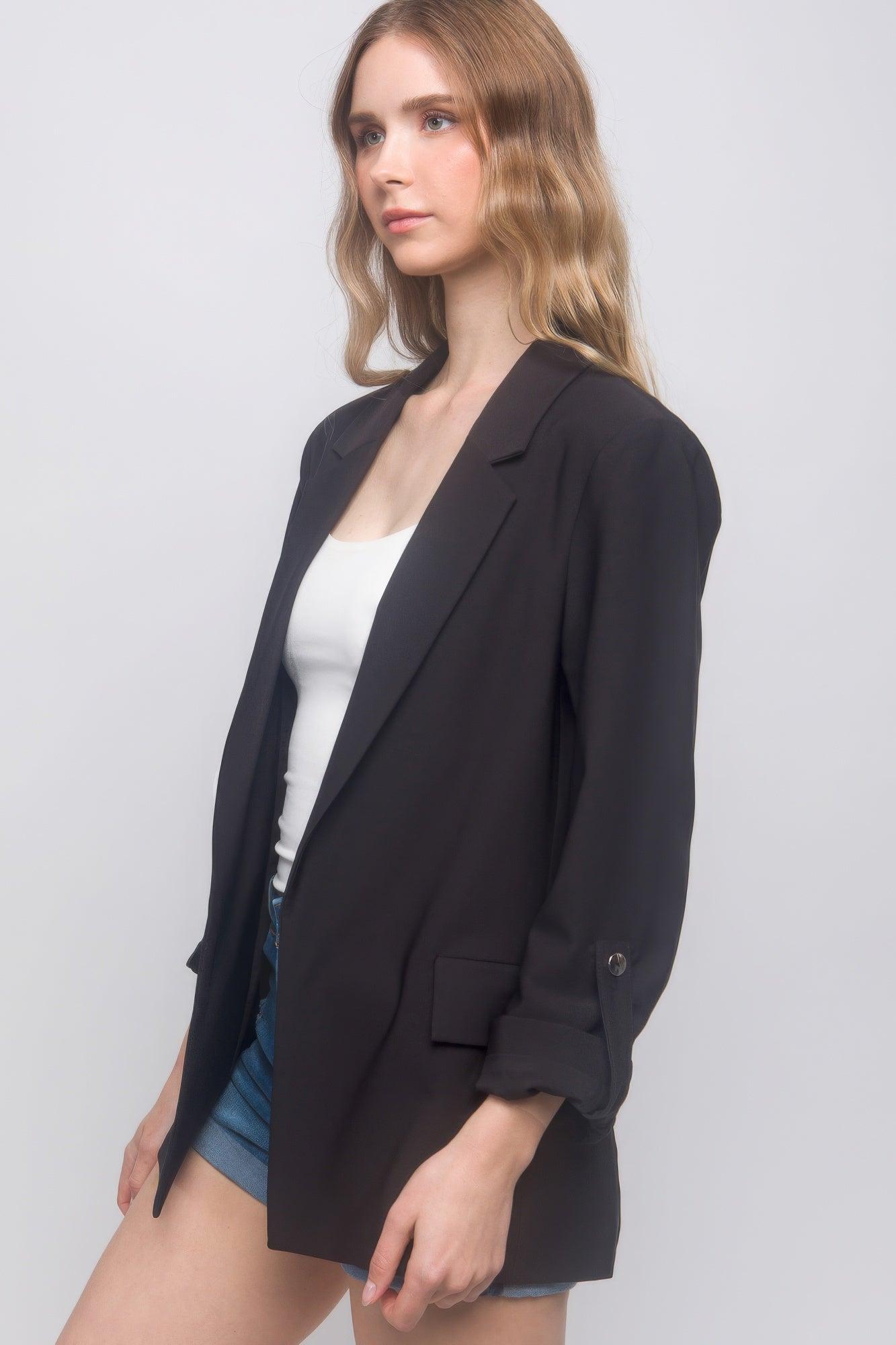 Woven Solid 3/4 Sleeve Blazer - AMIClubwear