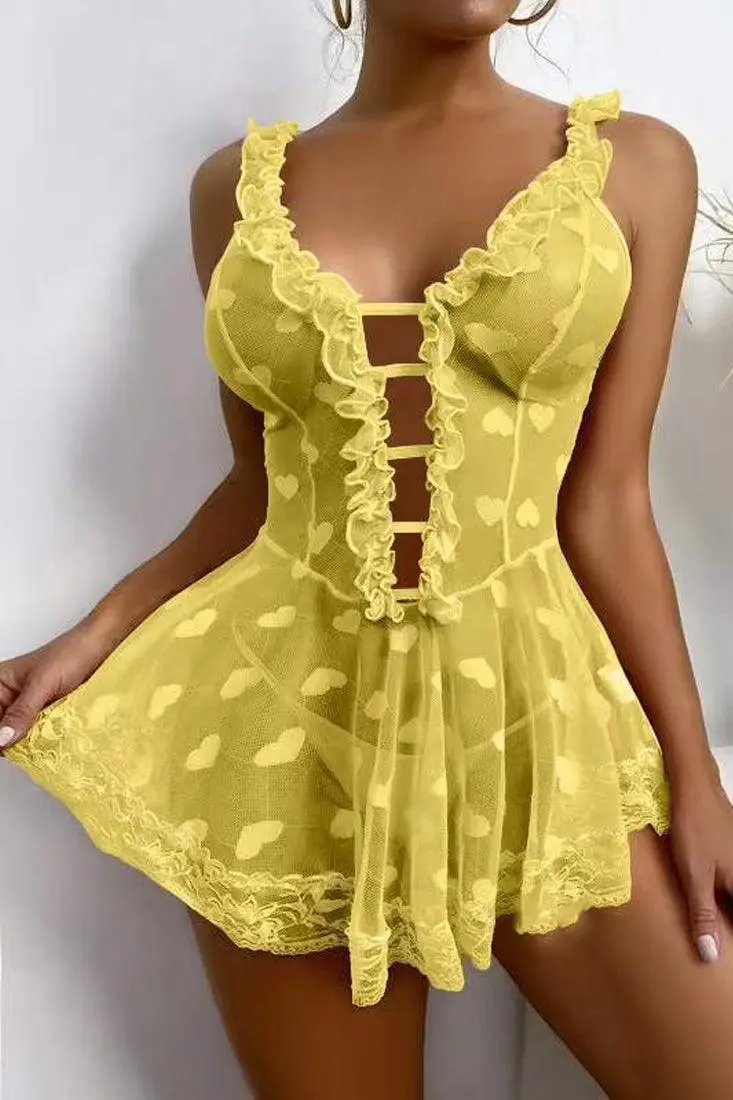 Yellow Heart Mesh Ruffle Babydoll Sexy Lingerie Slip
