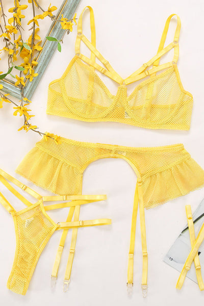 Yellow Netted Mesh Wired Bra Thong Tutu Garter 5pc Lingerie Set - AMIClubwear