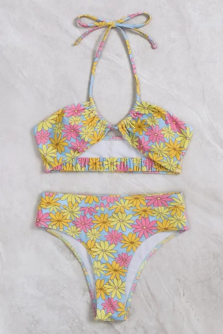 Yellow Pink Floral Print High Wast Cinching Halter 2 Pc Sexy Swimsuit Set