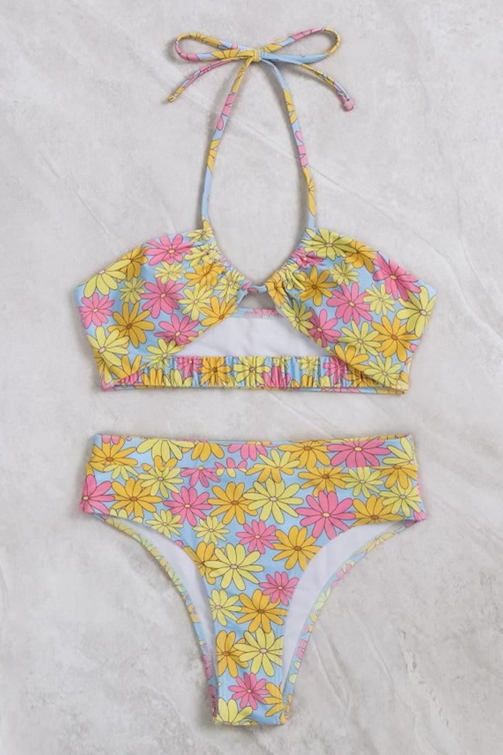 Yellow Pink Floral Print High Wast Cinching Halter 2 Pc Swimsuit Set - AMIClubwear