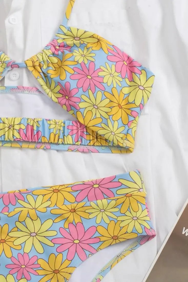 Yellow Pink Floral Print High Wast Cinching Halter 2 Pc Sexy Swimsuit Set