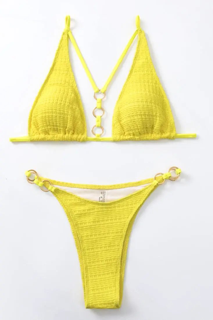 Yellow Strappy O-Ring Triangle Cheeky 2 Pc Sexy Swimsuit Set Bikini