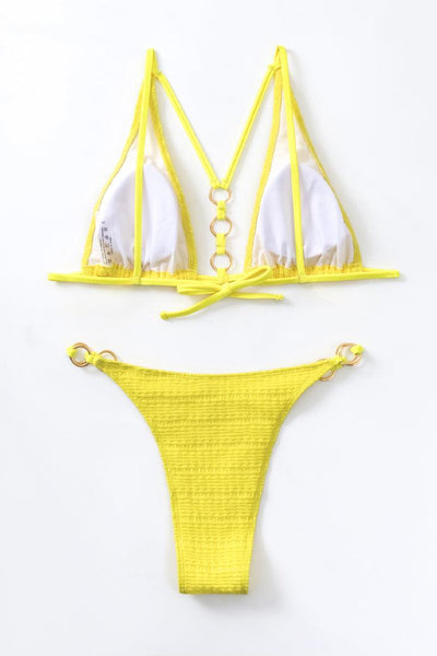 Yellow Strappy O-Ring Triangle Cheeky 2 Pc Swimsuit Set Bikini - AMIClubwear