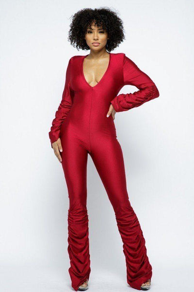 Yoga Shoulder Padded Ruched Stacked Jumpsuit - AMIClubwear