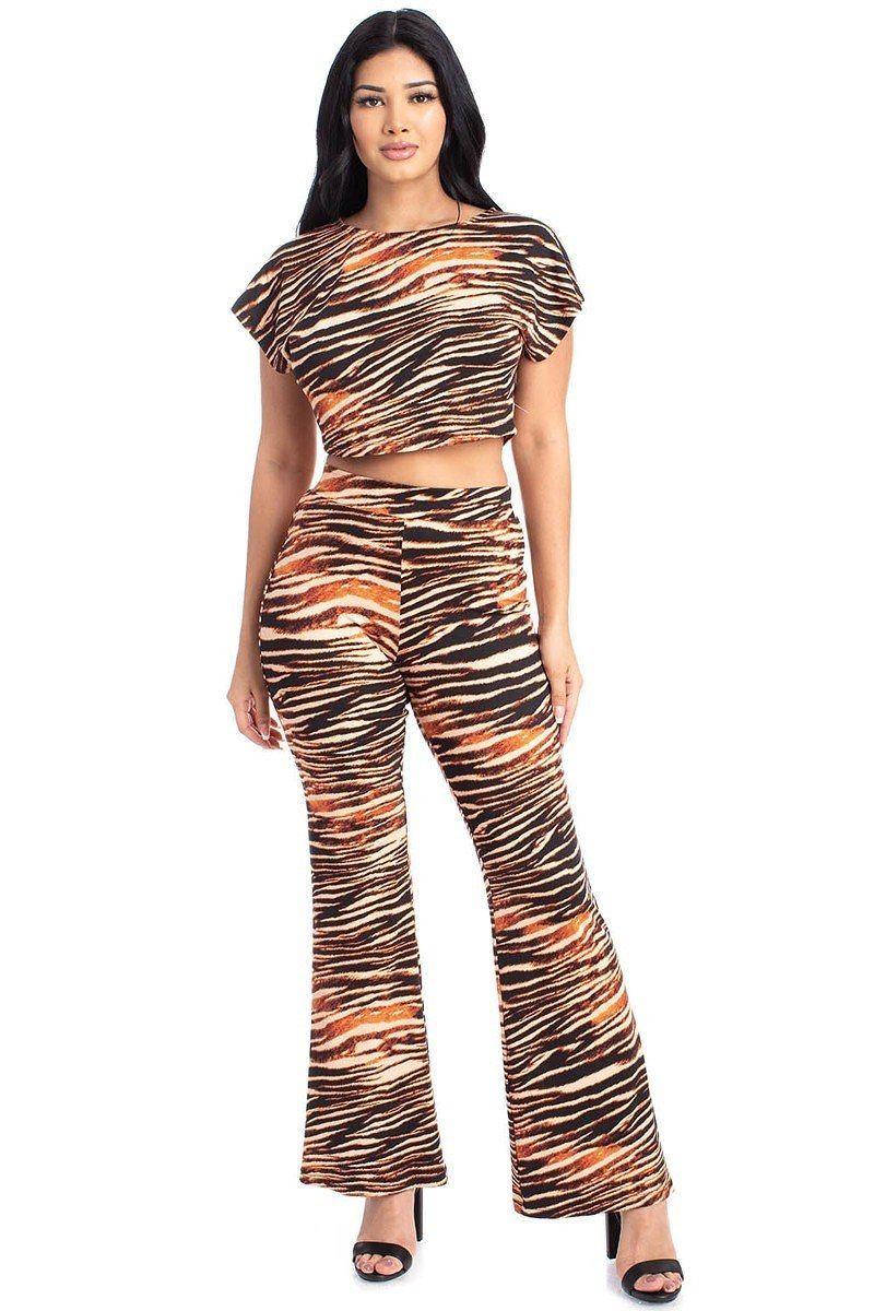 Zebra Print Crop Top And Palazzo Pants Set - AMIClubwear