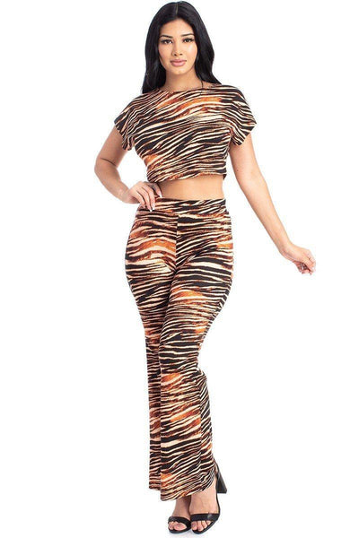 Zebra Print Crop Top And Palazzo Pants Set - AMIClubwear