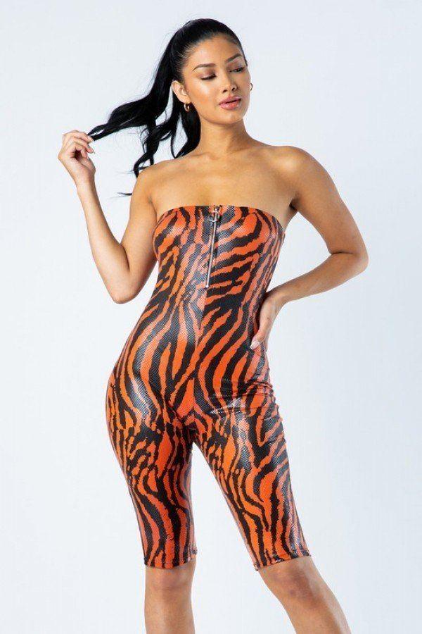 Zebra Print Tube Romper With Front O Ring Zipper Detail - AMIClubwear