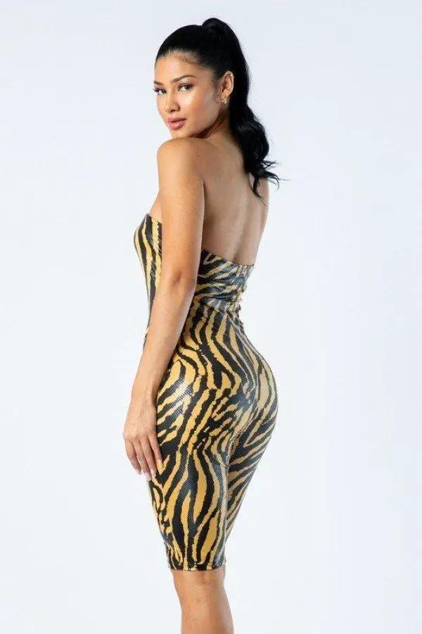 Zebra Print Tube Romper With Front O Ring Zipper Detail