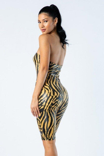 Zebra Print Tube Romper With Front O Ring Zipper Detail - AMIClubwear