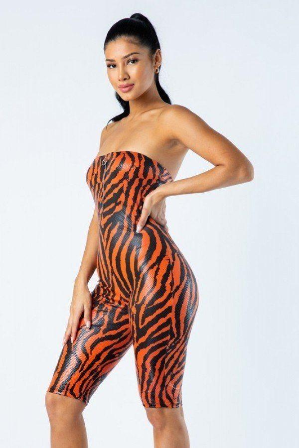 Zebra Print Tube Romper With Front O Ring Zipper Detail - AMIClubwear