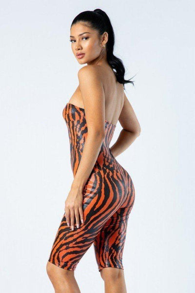 Zebra Print Tube Romper With Front O Ring Zipper Detail - AMIClubwear