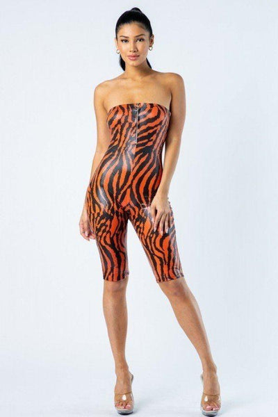 Zebra Print Tube Romper With Front O Ring Zipper Detail - AMIClubwear