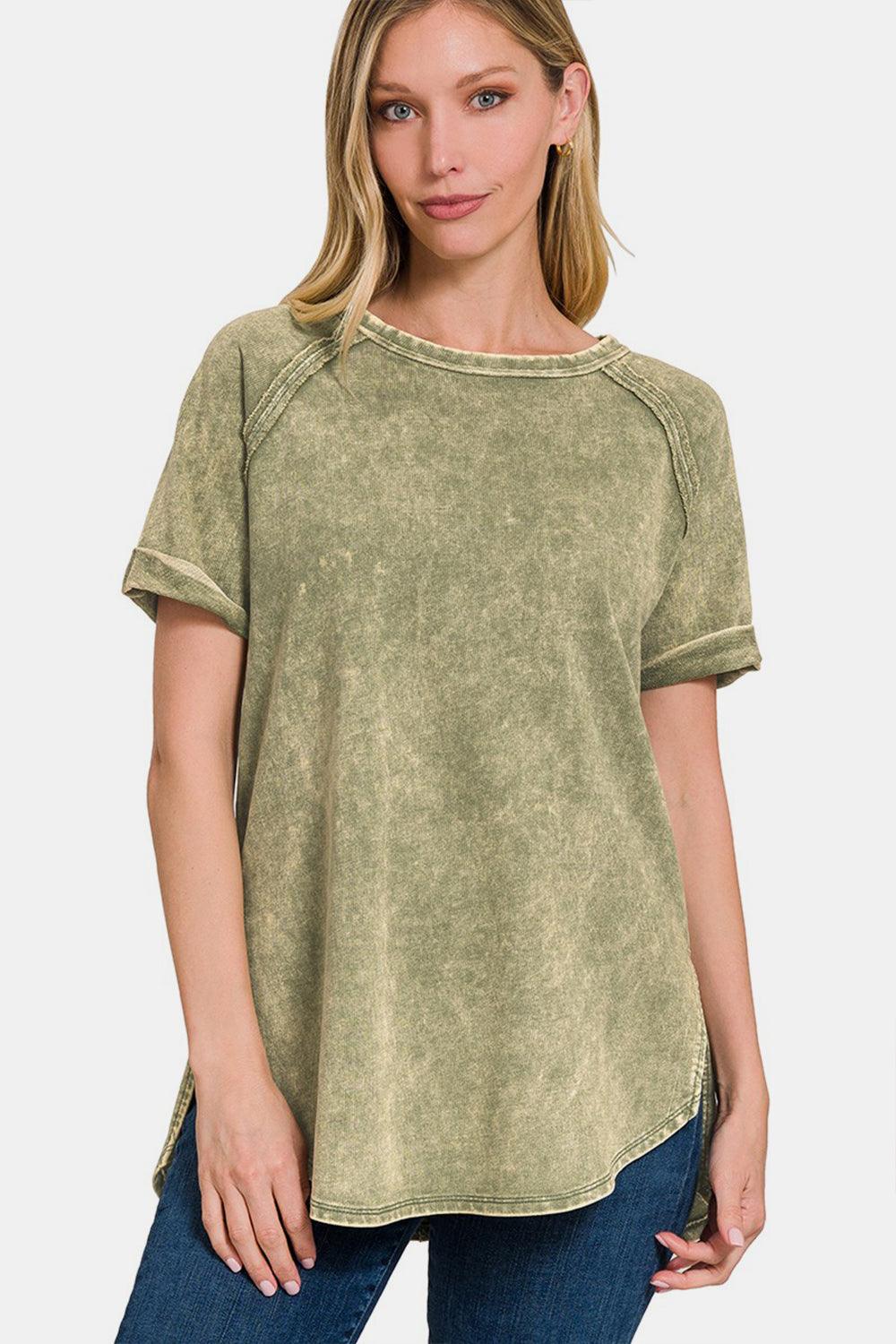 Zenana Heathered Round Neck Short Sleeve Blouse - AMIClubwear